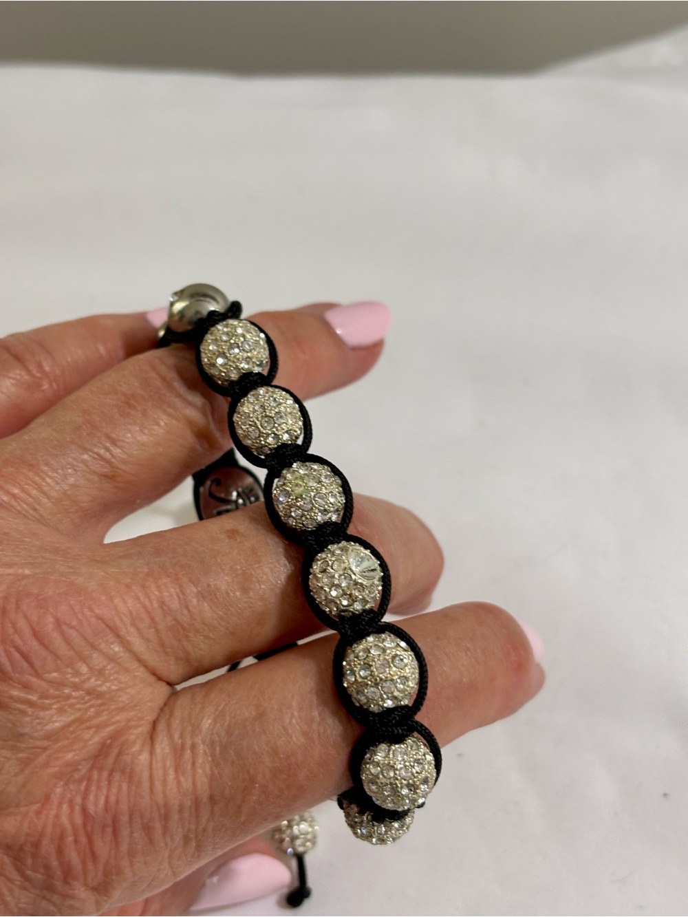 Vintage Macrame Shamballa  Pave Crystal Bead Bracelet in Silver tone and Black